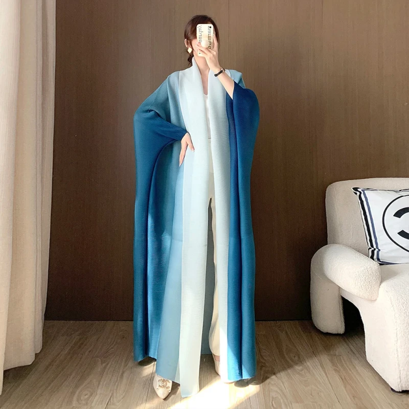 Miyake Pleated Gradient Cardigan Jacket Robe Women's Plus Size Traditional Muslim Clothing With Summer Cuff Bat Coat Abaya