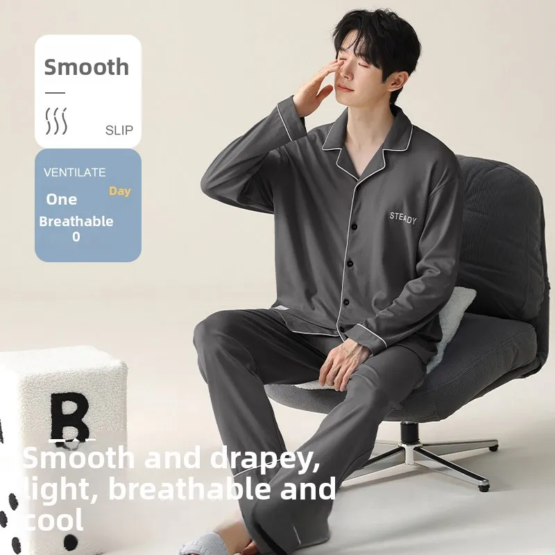 Modal Wearable Outside Simple Lapel Loungewear Long Sleeve Pants Set Men's Pajamas