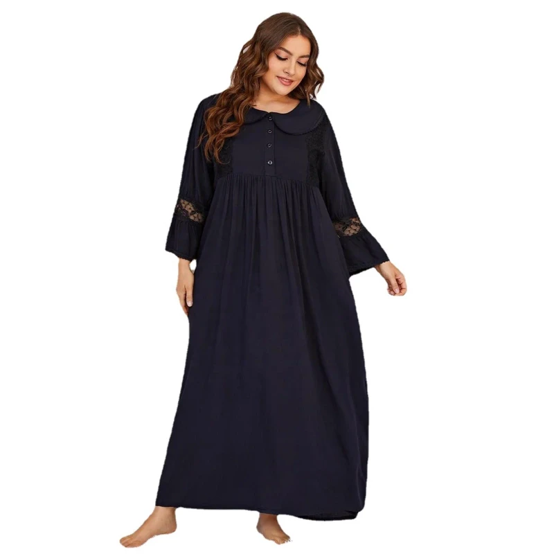 Modern Design Autumn Casual Dress Maxi Nightwear Women Viscose Solid Color Lace Knitted Eco-Friendly Breathable Pajamas