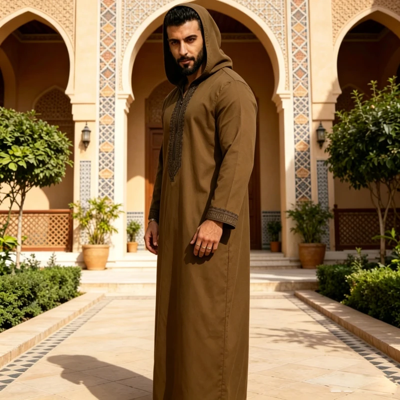 Modern Men's Moroccan Djellaba Hooded Robe Embroidered Thobe Ethnic Wear for Prayers & Daily Support Small Orders
