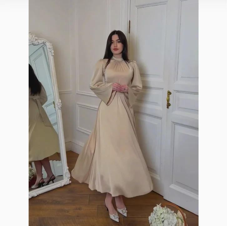 Modest Fashion Muslim Women Long Wide Sleeves Nida Fabric Adjustable Waist Ankle Length Single Dress With Ties at Waist