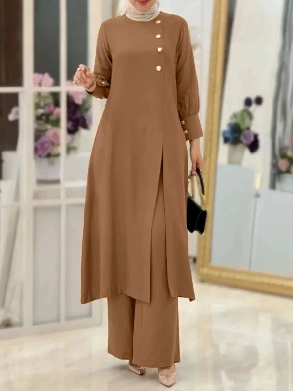 Modest Muslim Abaya Set Side Slit Tunic Wide Leg Pants 2 Piece Pure Color Abaya with Flowy Palazzo Pants