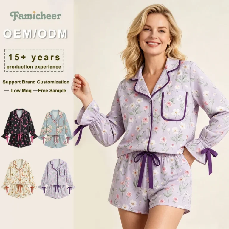 Mommy-Kids-Matching-Sleepwear-Piping-Trim-Button-Down-Long-Sleeve-Short-Pant-Set-Custom-Print-Soft-Cotton-Family-Matching-Outfit