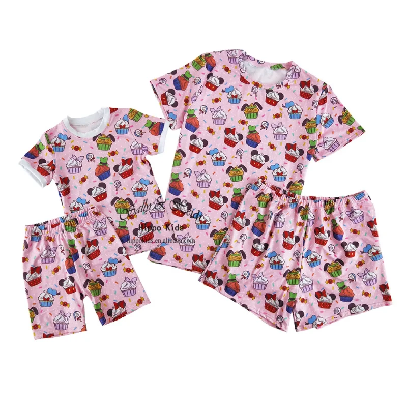 Mommy and Me Summer Matching Outfits Cute Cake Print Family Pajama Sets Shorts