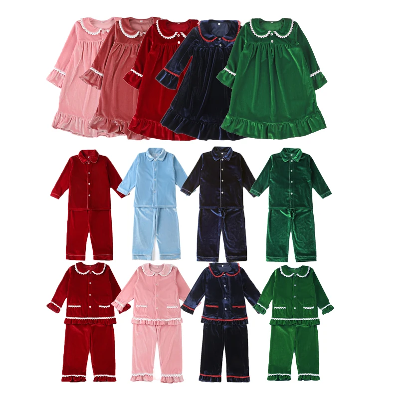 Monogram Family Matching Winter Velvet Fabric Pyjamas Pjs Long Sleeping Dress Gown Christmas Girls Nightgowns