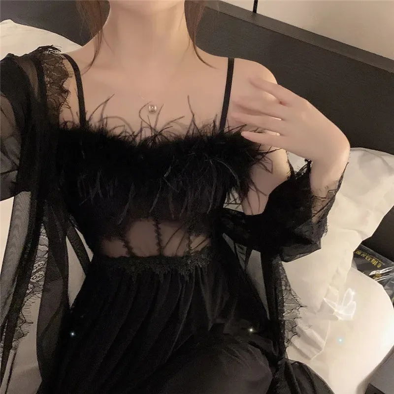 Morning Gown Bride Wedding Feather Sexy Slip Nightdress Long Ice Silk Pajamas