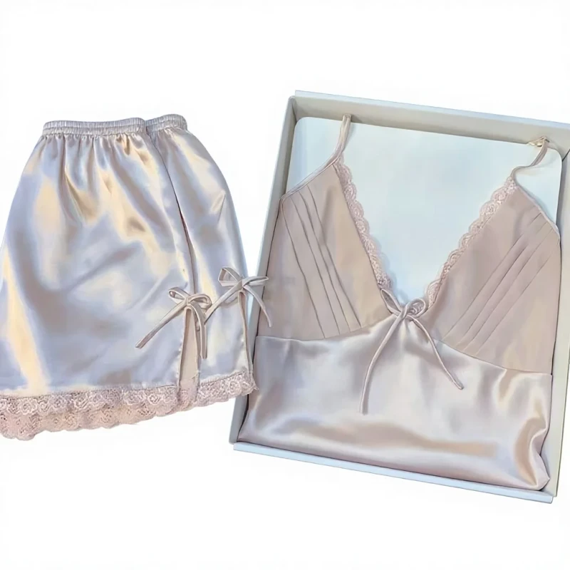 Mulberry Silk Satin Quick-Dry Breathable Women's 2-Piece Cami & Shorts Set Summer Sleepwear with Built-in Bra