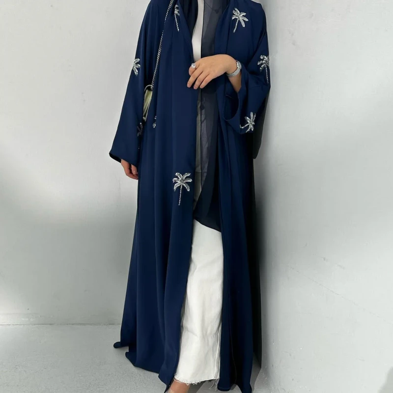 Muslim Modest Islamic Arabic Abaya Women's Floral Sequins Cardigan Robe Rayon Lightweight Breathable Maxi Loose Fit