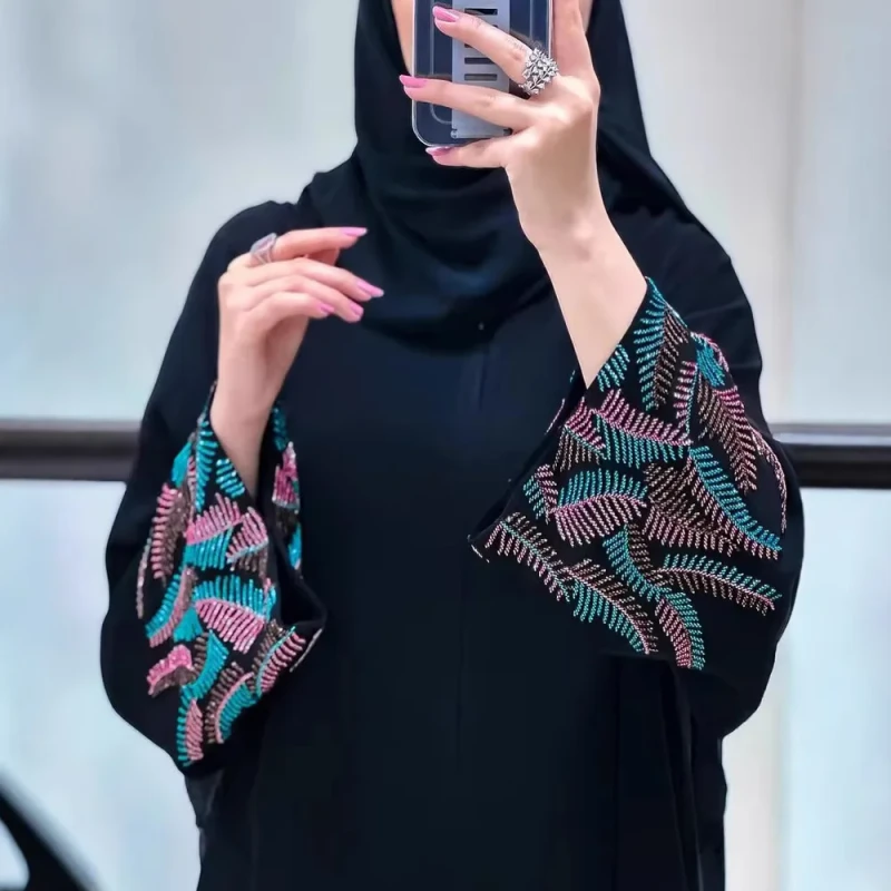 Muslim Women's Modest Abaya Colorful Leaf Embroidery Long Sleeve Islamic Robe Elegant Casual Formal Wear Dress