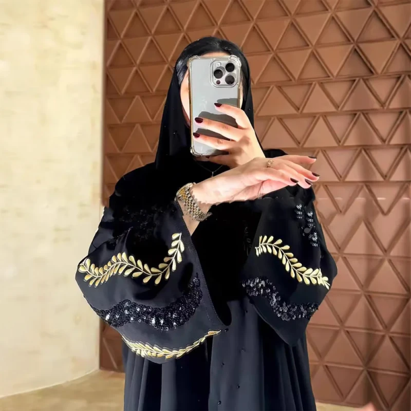 Muslim Women's Modest Black Abaya Gold Wheat Embroidery Sequin Islamic Robe Elegant Casual Formal Wear Dress