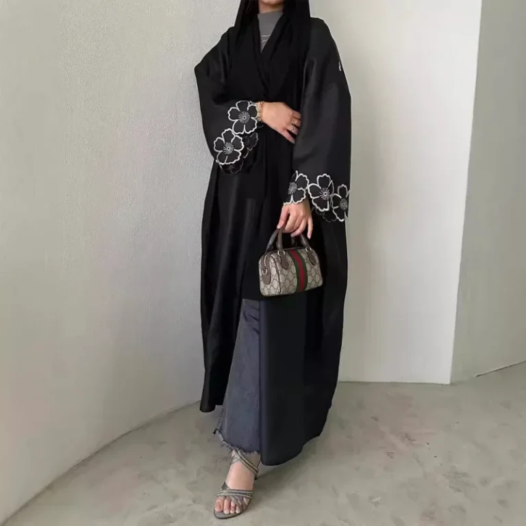 Muslim-Womens-Modest-Black-Abaya-White-Floral-Embroidery-Long-Sleeve-Islamic-Robe-Elegant-Casual-Formal-Wear-Dress