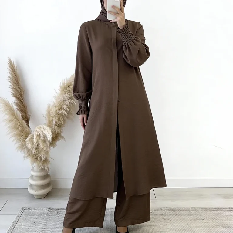 Muslim-Womens-Suit-Solid-color-Abaya-Two-piece-Set-Long-Robe-with-Long-Pants-Conservative-Elegant-and-Mature-Customizable-Colors