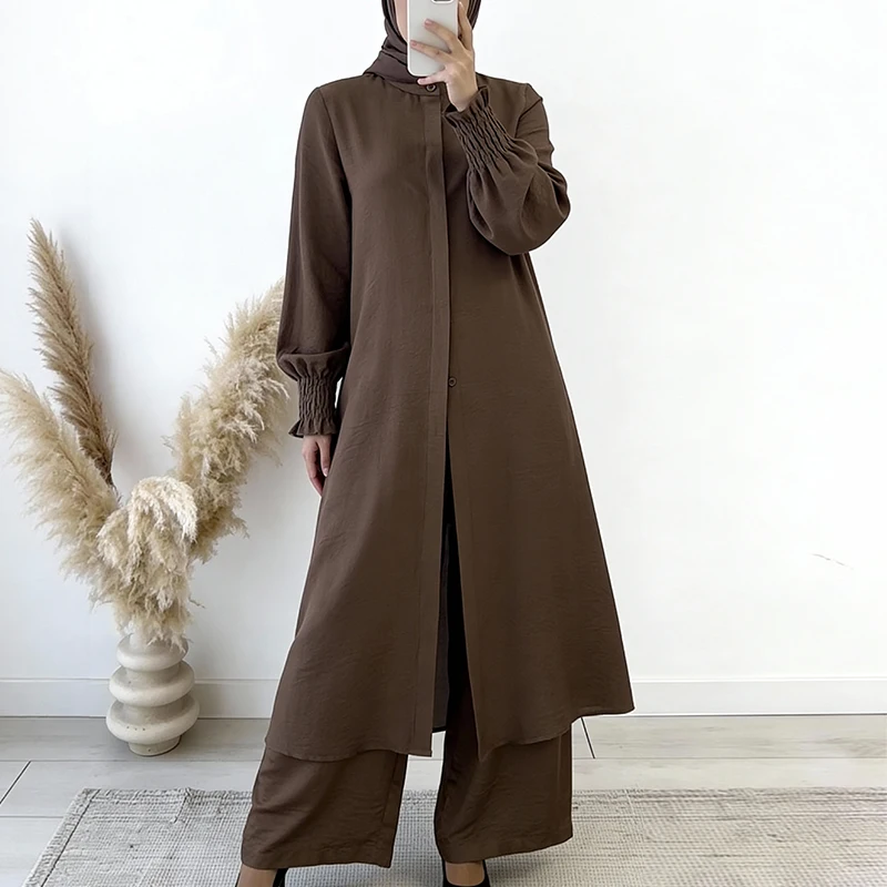 Muslim Women's Suit Solid-color Abaya Two-piece Set Long Robe with Long Pants Conservative Elegant and Mature Customizable Colors