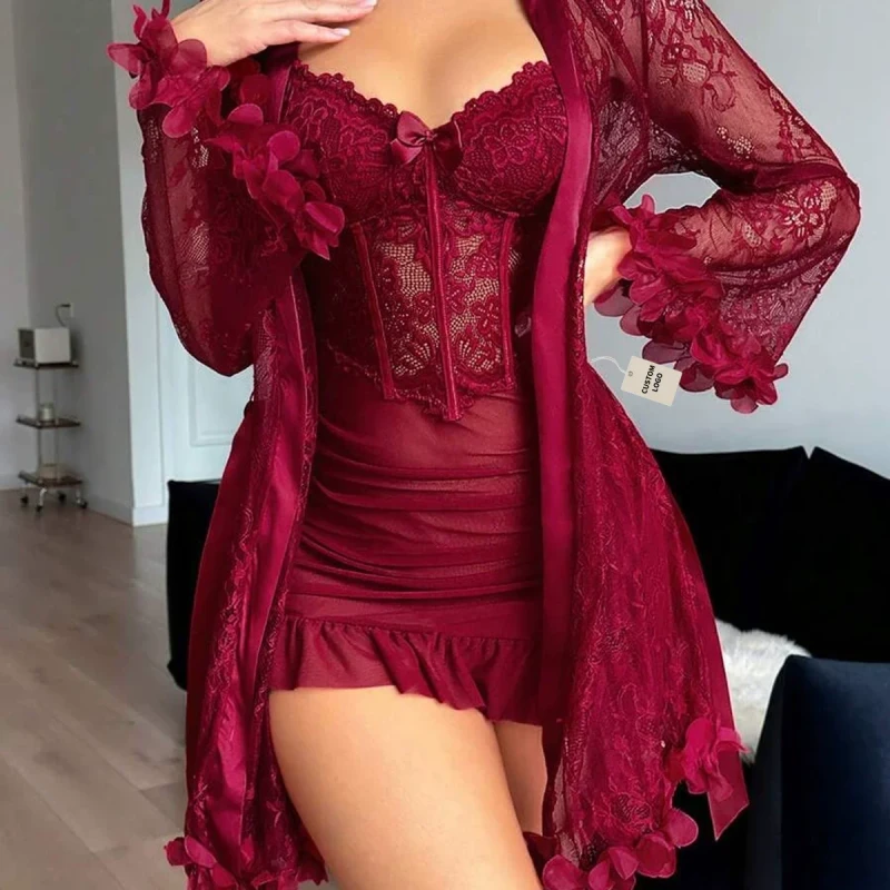 New Arrival Colorful Lace Up Women's Sexy Nightdress with Deep V Transparent Design Stockings Sleepwear Pajamas Set