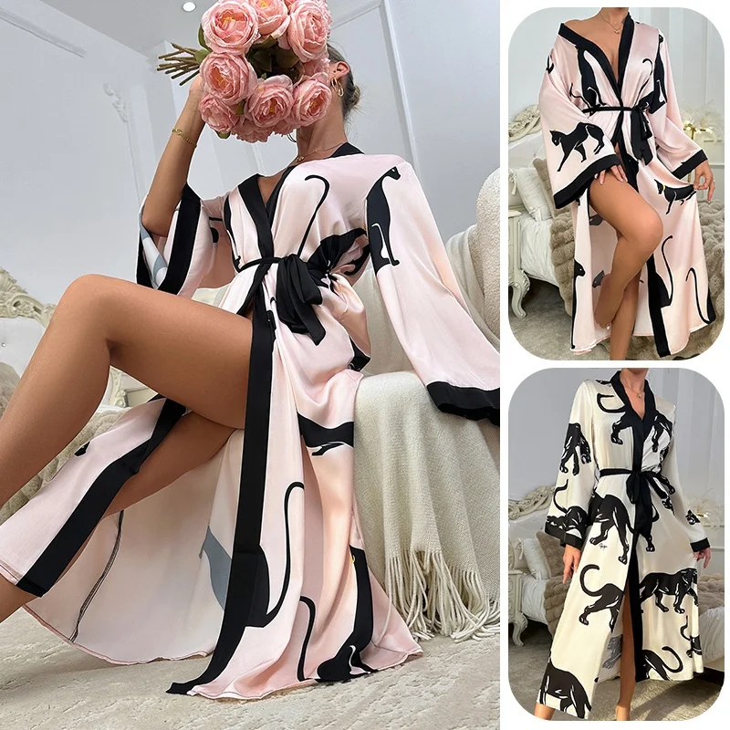 New Arrival Luxury Satin Printed Leopard Bathrobe for Women Sexy Long sleeved Robe