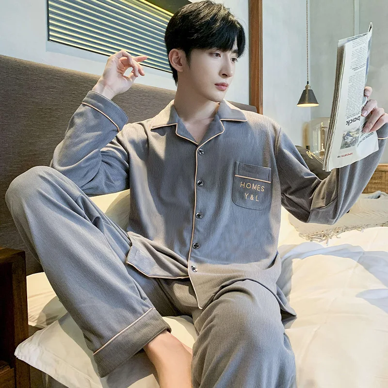 New Arrival Men's Loungewear Long Sleeve Solid Color Pajamas Casual Comfortable 2 Piece Sleepwear Set for Spring Autumn