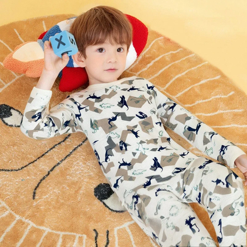 New Arrival Warm Breathable Dinosaur Print Cotton Jersey Kids Pajamas Set Soft Long Sleeve Toddler Sleepwear for Boys
