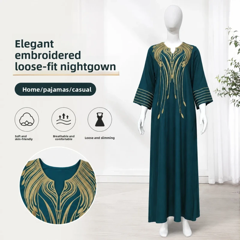 New Chinese-style Embroidered Polyester Long Gown Dress Womens Loose-Fit Plus-Size Three-quarter Sleeves Loungewear