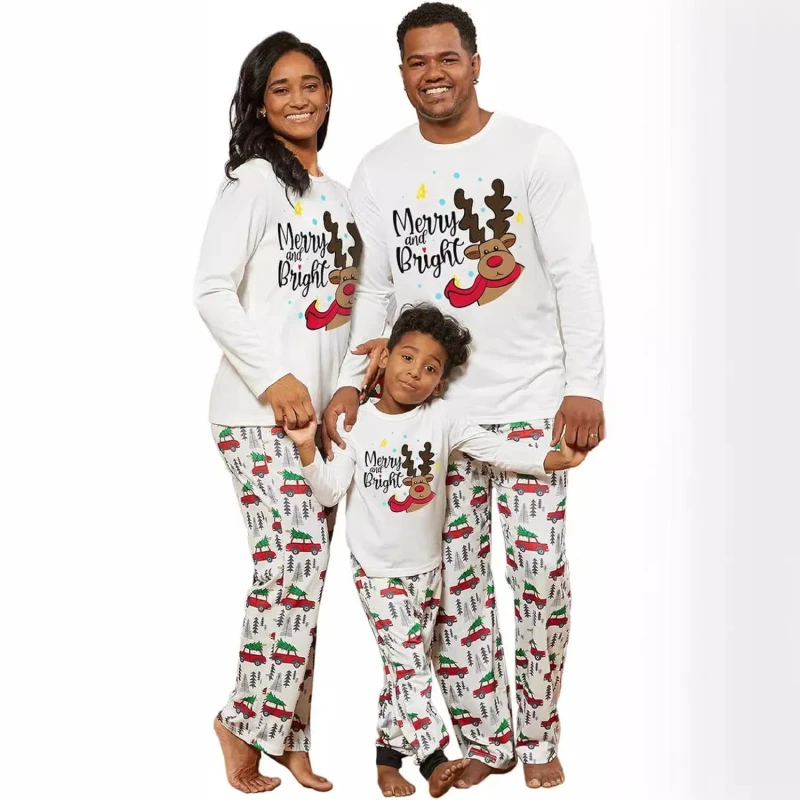 New Christmas Cotton Cartoon Stripped Long Sleeve Knitted Pajama Set Neck Elastic Waist for Parent Child Minimum Order 2pcs