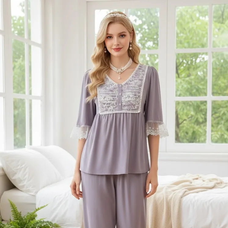 New Cross Border Pajamas New Spring and Autumn Sleeves Palace Style French Retro V Neck Long Dress Women Lace Nightdress
