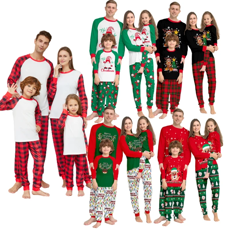 New Custom Summer Plus Size Christmas Pajamas Red Green Striped Crutch Xmas Pyjamas Set Long Sleeve Family Matching