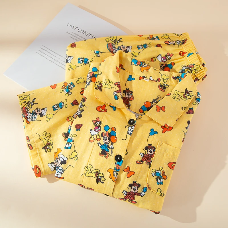 New Cute Style 100% Cotton Oversized Button Down Sleepwear Yellow Cartoon Style Women's Pajamas Set