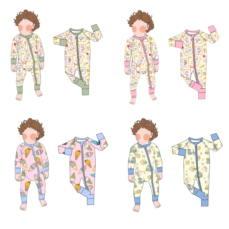 New Design Custom Print Bamboo Baby Pajamas Romper Soft Two Ways Zipper for Boys and Girls