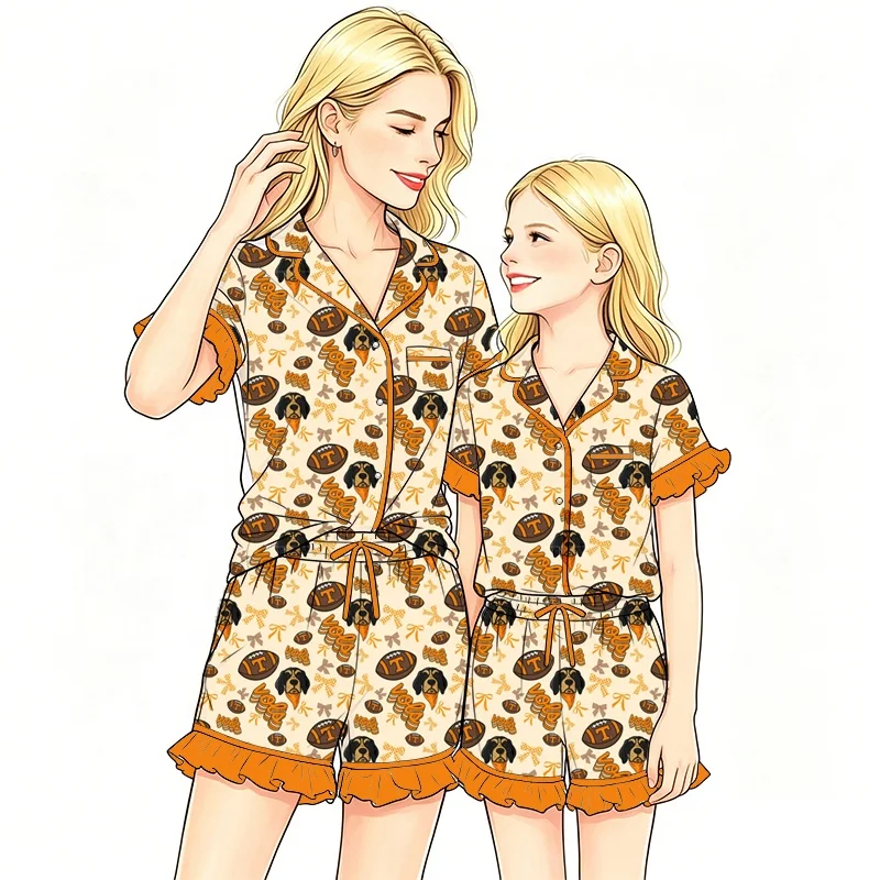 New Design Family Matching Summer Short Pajama Set Soft Bamboo Fiber Button up Shirt and Shorts with Ruffle Sleepwear