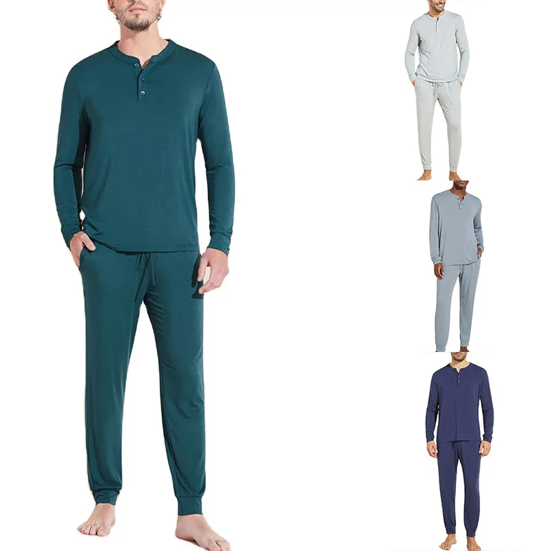 New Design Henley Style Long Sleeve Top and Long Pants 2 Piece Set Men's Pajamas for Autumn