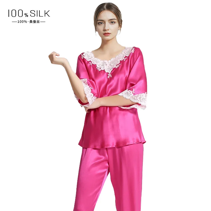 New Design Mulberry Silk Pajamas Set 100% Silk Lace Robe Women 100% Mulberry Silk Sleepwear