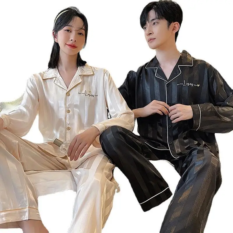 New Fashion Long Sleeve Couples Pajamas and Lover's Pajamas Ice Silk Women's and Men's Sleepwear