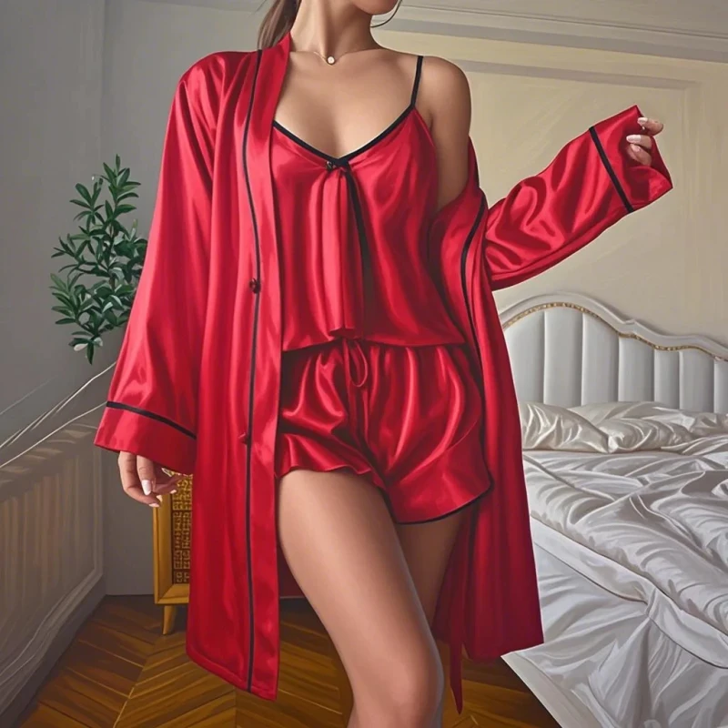 New Fashion Three Piece Set of Camisole Shorts and Nightgown for Summer Women's Sleepwear