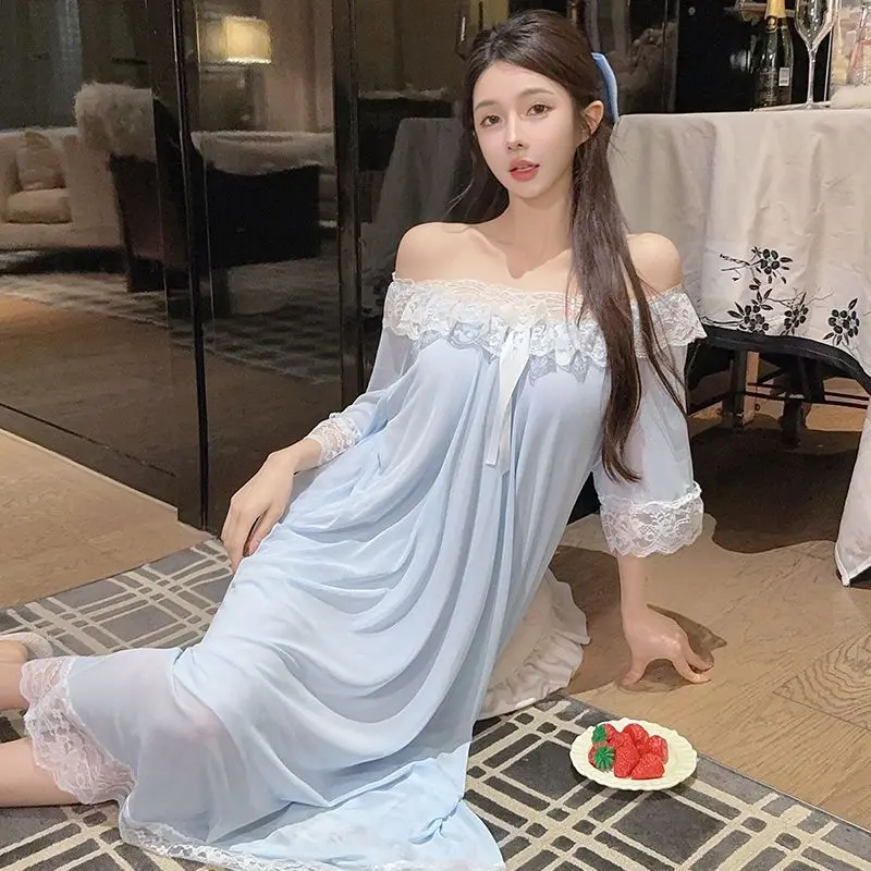 New High Quality Pajamas Summer Cute Sweet Princess Wind Nightdress Mesh Lace Sleepwear Dress for Women