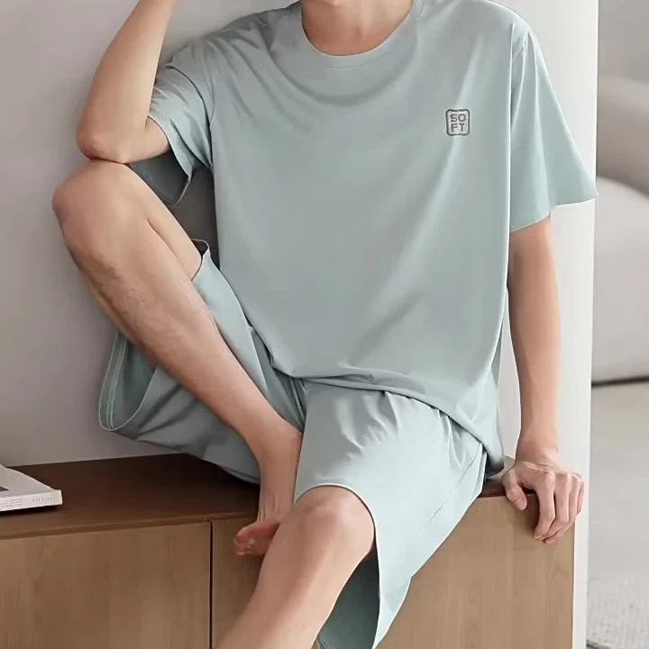 New Modal Men's Summer Pajamas Breathable Casual Ice Silk Shorts Set Knitted Home Clothing