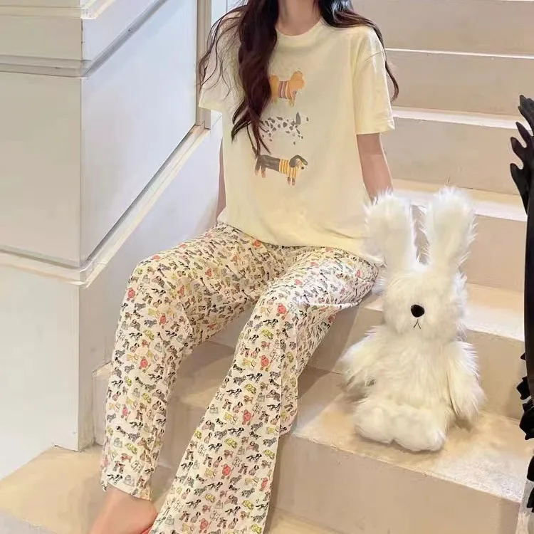 New Modal Women's American High Street Style National Dynasty Hand painted Dog Cute Homewear Pajama Set