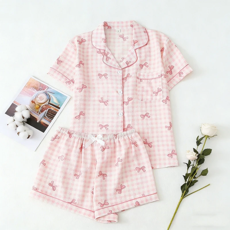 New Pink Women's Pajama Set with Bow Print Modern and Minimalist Design for Loungewear