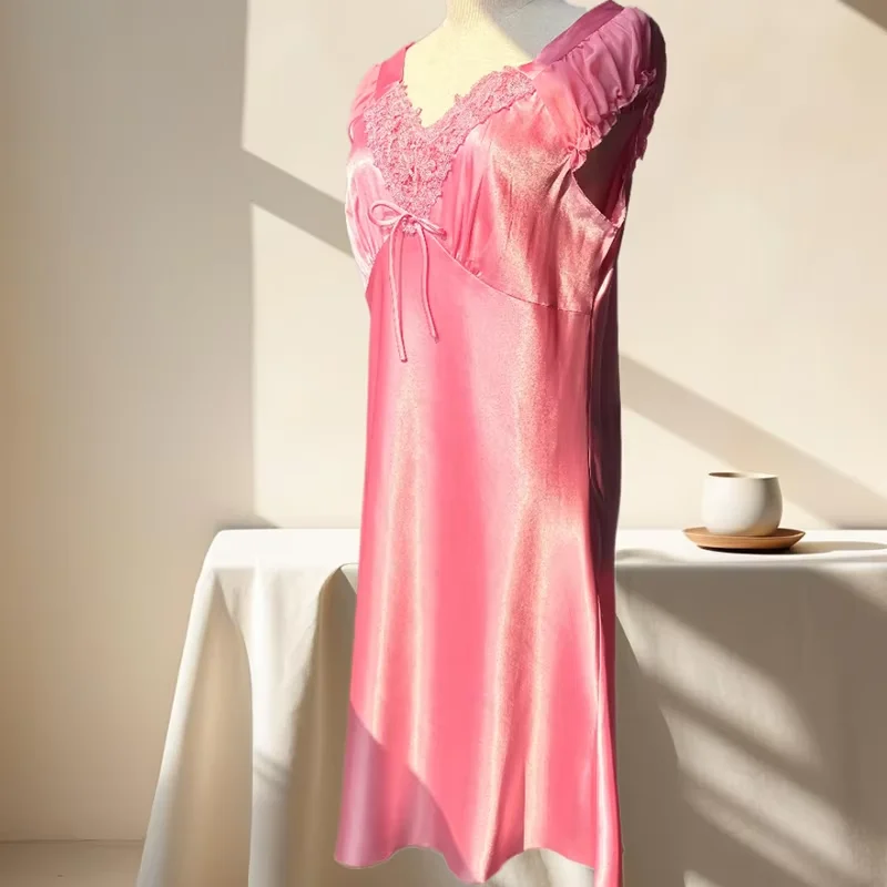 New Solid Pattern Backless Satin Women's Nightdress for Summer Spring Breathable Quick Dry