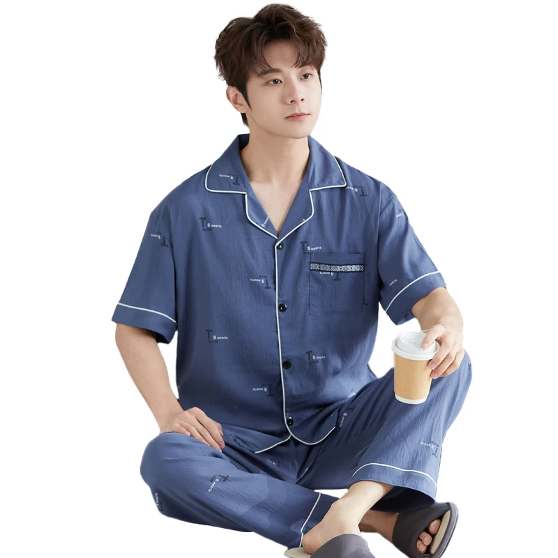 New Spring Collection High end Vintage Letter Print Men's Pajamas And Loungewear Short sleeve Top And Long Pants Set