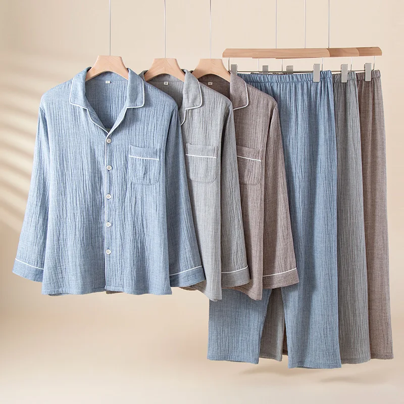 New Spring and Autumn Yarn-dyed Pure Cotton Pajamas Men's Lapel Casual Fashion Long Sleeve Cardigan Home Suit Factory