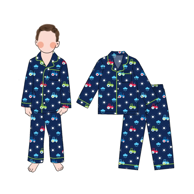 New Style Autumn/Winter Boys Button up Pajamas Sets Round Neck Cute and Comfortable Sleepwear