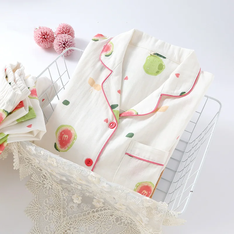New Style Guava Fruit Pure Cotton Double Layer Gauze Long Sleeve Breathable Women's Pajamas Spring Autumn Summer Full Length