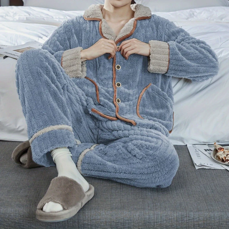 New Style Light Weight Long Sleeve Men's Fleece Sleepwear Comfortable Winter Pajamas for Men