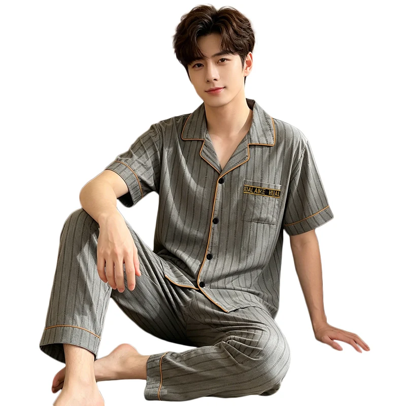 New Summer Collection High end Men's Short sleeve Long pants Striped Lightweight Pajamas For Home Wear