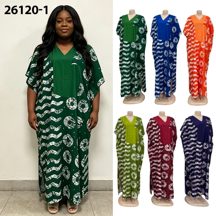 New-Summer-Fashion-Womens-V-neck-Printed-Casual-Loose-Muslim-Robe-Dress
