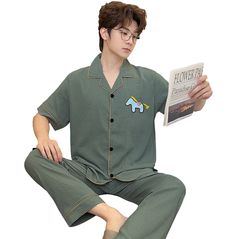 New Summer Men's Loungewear Korean style Cartoon printed Short sleeve Pajamas With Long Pants