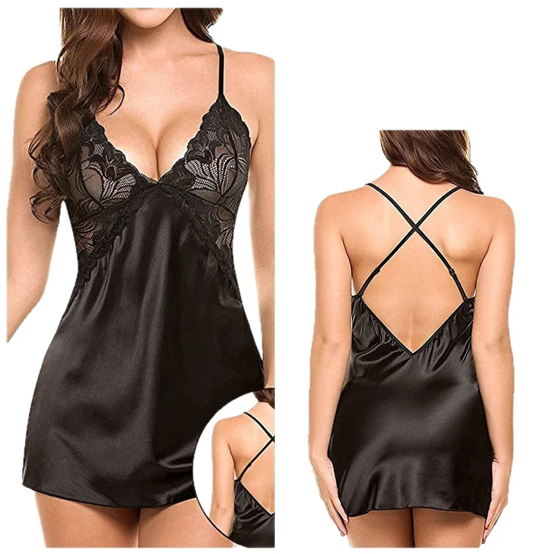 New Trend Night Gown Young Lady Satin Nightdress Sleeping Clothes Sexy Lingerie Underwear