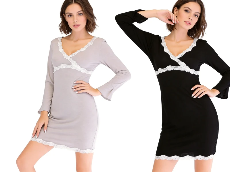 New Womens Breathable Knitted Collarless Sexy Long Sleeve Modal Nightdress Loungewear