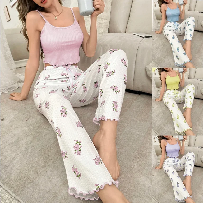 New-Womens-Comfortable-Fashion-Floral-Pajamas-Set-Sexy-Nightwear-Soft-Camisole-Long-Pants-for-Ladies