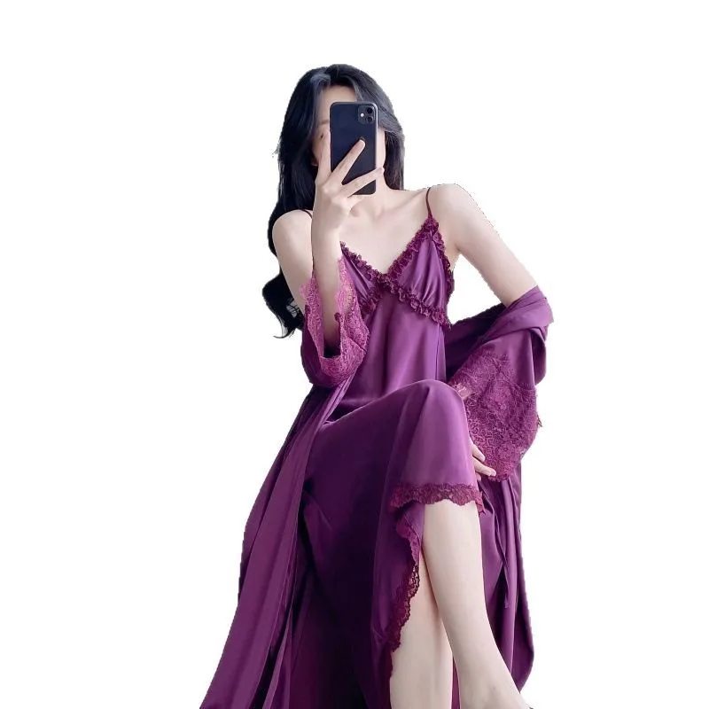 New Women's Nightgown in Ice Silk Elastic Waist Satin Pajamas with High End Style for Spring Autumn Summer