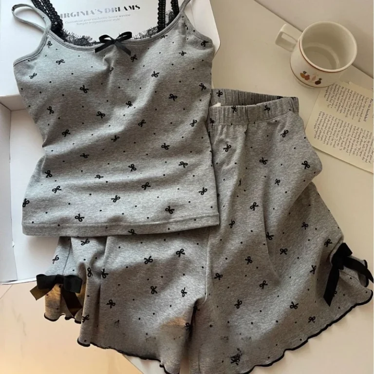 New-Womens-Polka-Dot-Bow-Lace-Trim-Camisole-Shorts-Pajama-Set-Wear-Out-Loungewear